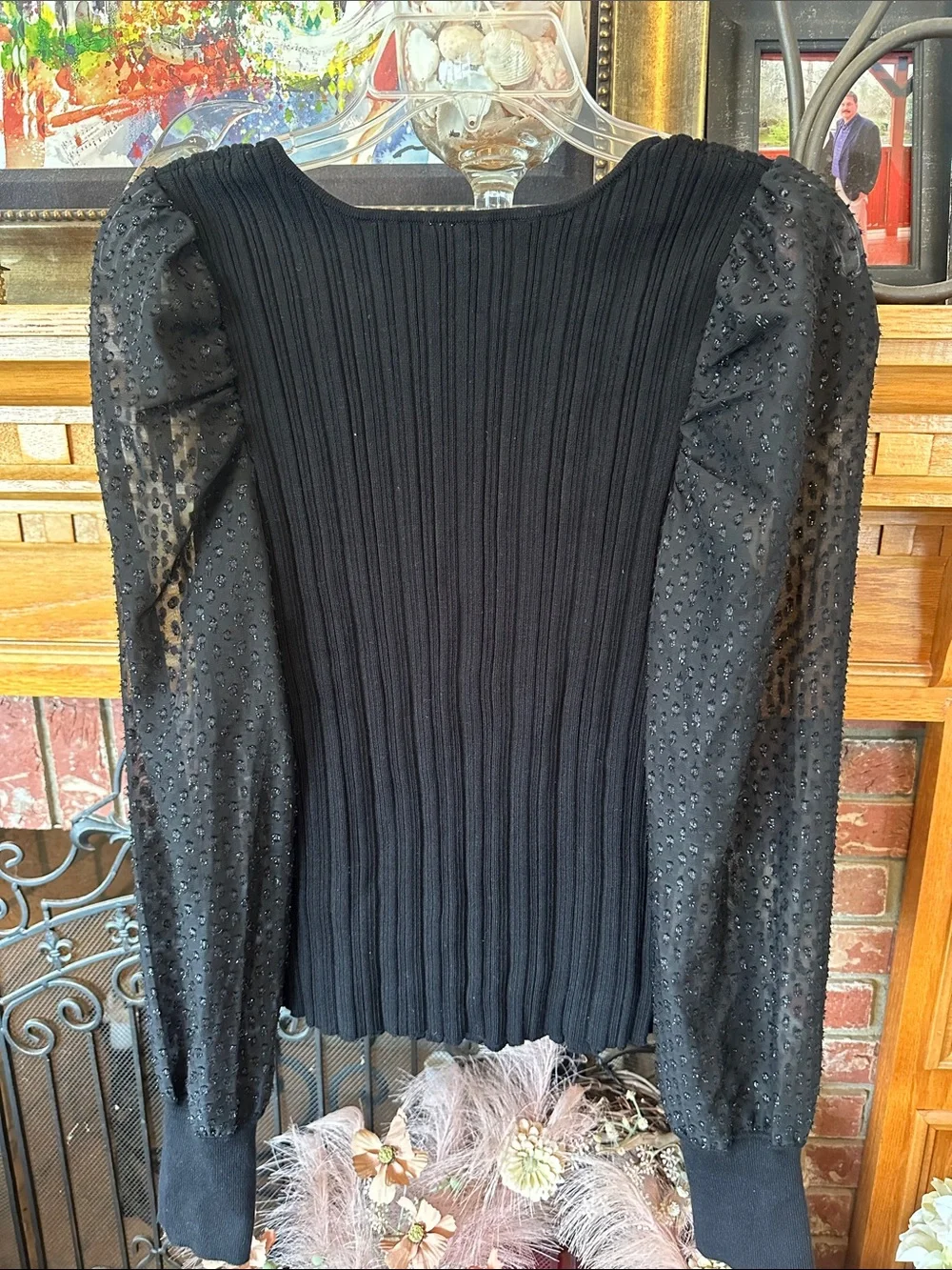 Anthropologie NWT, Sz L, Ribbed Body Sweater w/ Sheer Beaded Sleeves